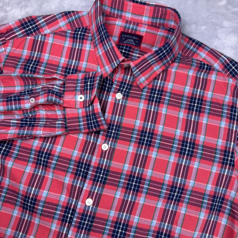 UNTUCKit Mens Large‎ Red Blue Plaid Long Sleeve Cotton Button Down Shirt